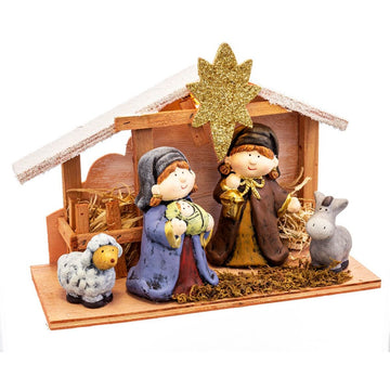 Adorno Navideño Nacimiento/Belén Multicolor Madera Cerámica 27,5 x 12 x 20 cm (4 Piezas)