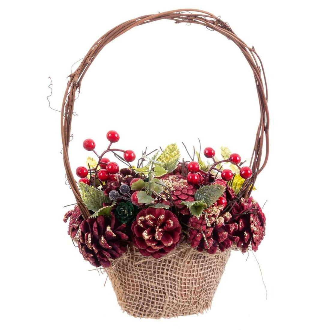 Christmas Ornament Red Multicolor Rattan Plastic Foam Pine Cones Basket 21 x 21 x 30 cm