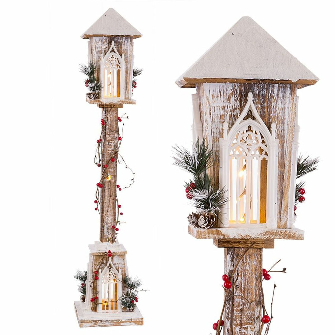 Christmas Ornament White Green Natural Wood Plastic Lantern 21 x 21 x 100 cm